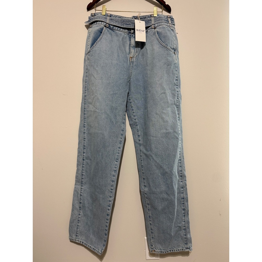 Wrap London‎ Womens Light Wash Belted High Rise Straight Leg Jeans US 12 UK 16